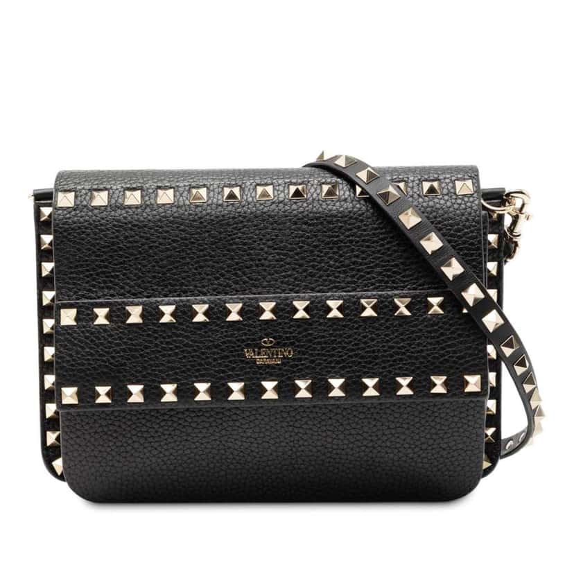 Valentino Small Grained Calfskin Rockstud Crossbody Black Leather Good condition - Front View