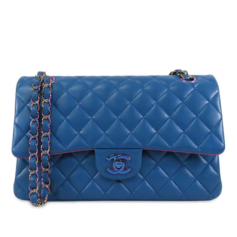 Chanel Medium Classic Lambskin Rainbow Hardware Double Flap Blue Leather Very good condition - Front View