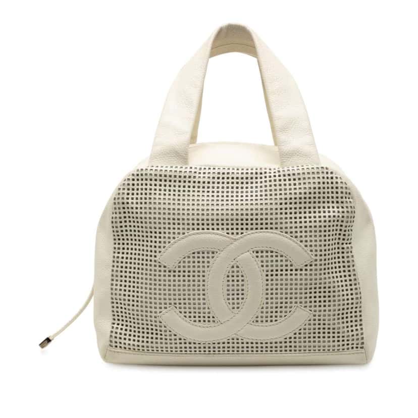 Chanel CC Perforated Caviar Bowler Bag White Leather Good condition - Front View