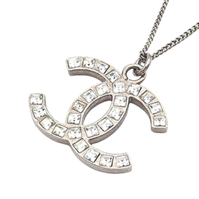 Chanel Silver Plated Rhinestone CC Pendant Necklace Silver Metal Good condition - Back View
