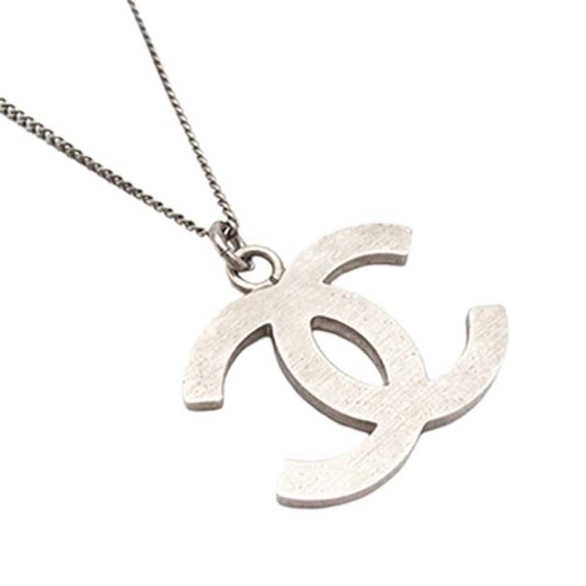 Chanel Silver Plated Rhinestone CC Pendant Necklace Silver Metal Good condition - Inside View