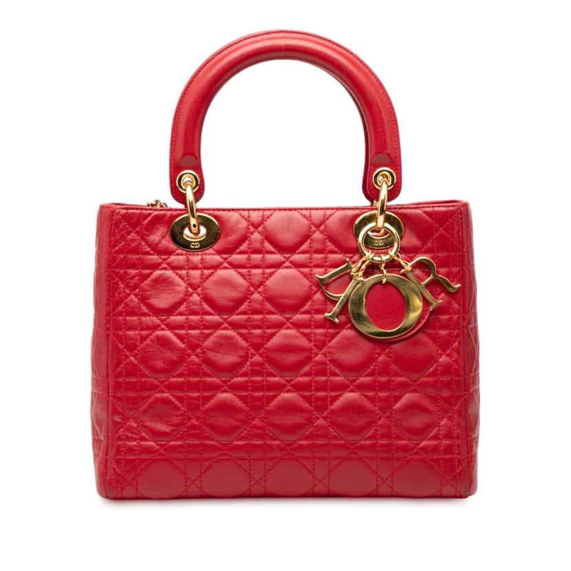 Dior Medium Lambskin Cannage Lady Dior Red Leather Very good condition - Front View