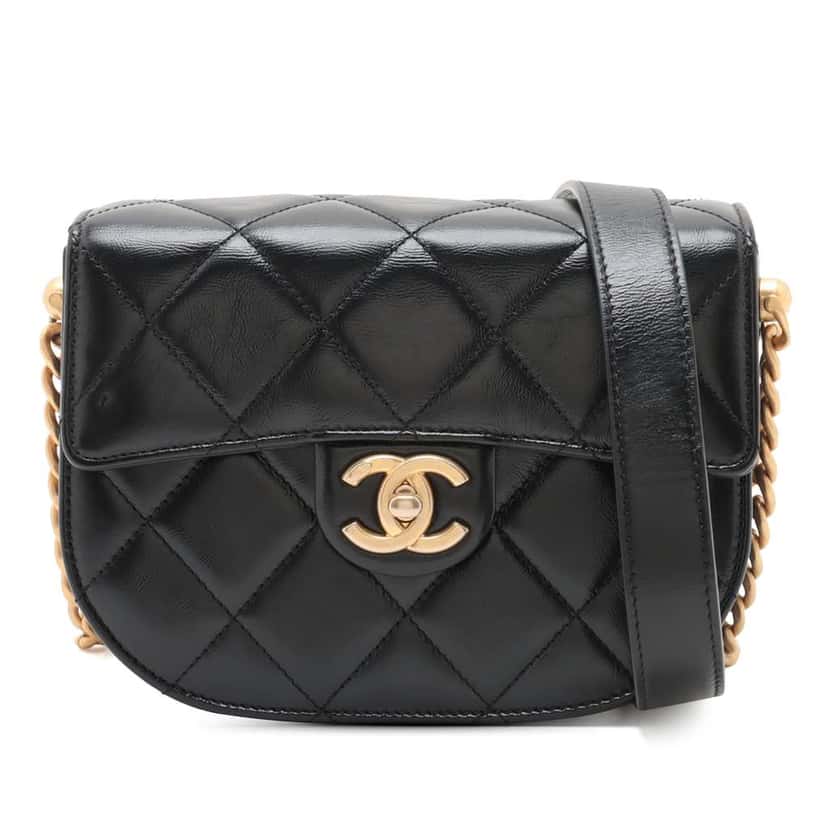 Chanel Mini CC Quilted Shiny Calfskin Round Moon Messenger Flap Black Leather Good condition - Front View