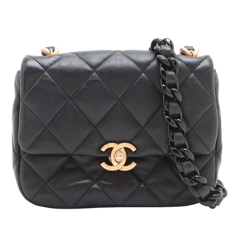 Chanel Mini Quilted Lambskin Lacquered Chain Flap Black Leather Good condition - Front View