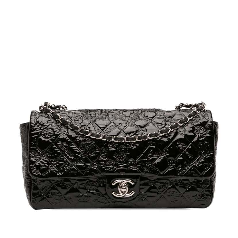 Chanel Jumbo Patent Embossed Lucky Symbols Flap Black Leather Good condition - Front View