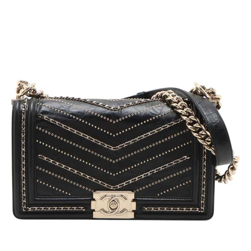 Chanel Old Medium Chevron Crumpled Calfskin Embellished Boy Flap Black Leather Good condition - Front View