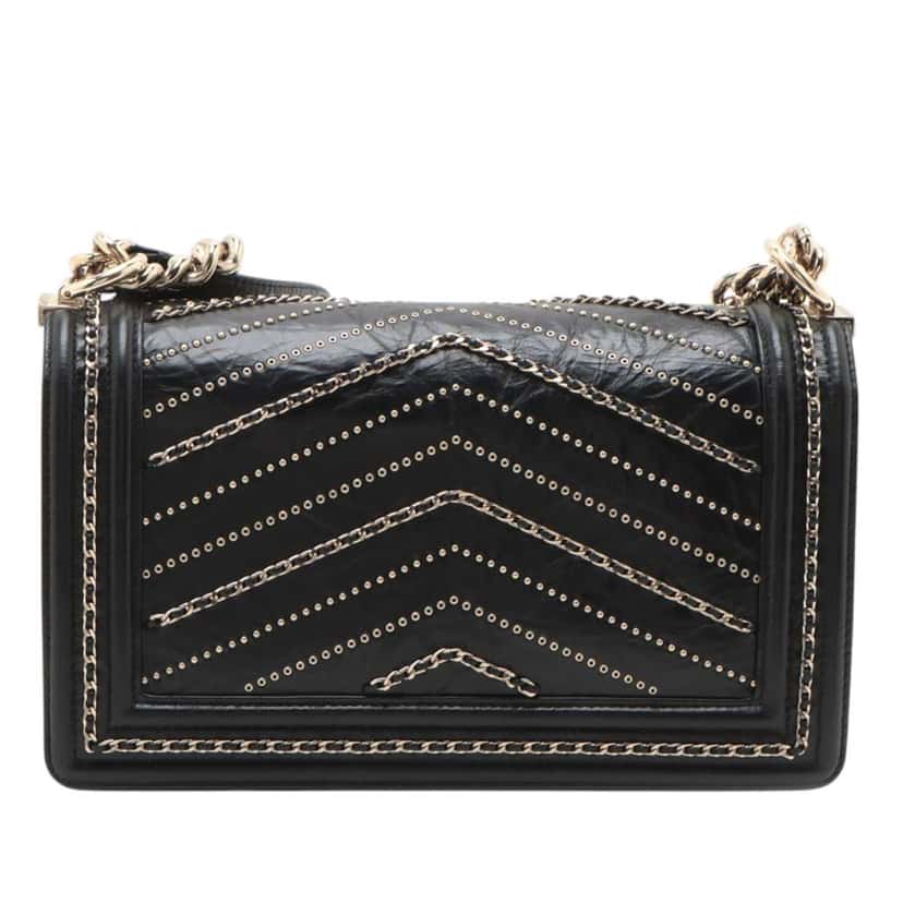 Chanel Old Medium Chevron Crumpled Calfskin Embellished Boy Flap Black Leather Good condition - Back View