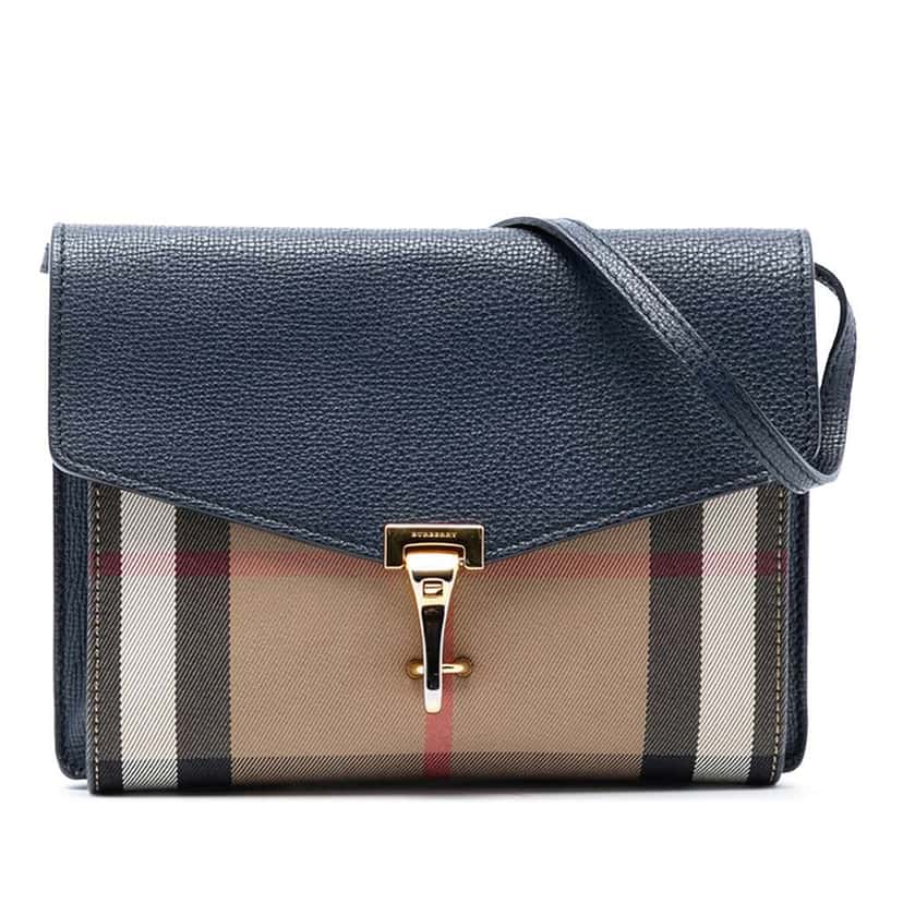 Burberry Small Leather and House Check Canvas Derby Macken Crossbody Blue Canvas Very good condition - Front View
