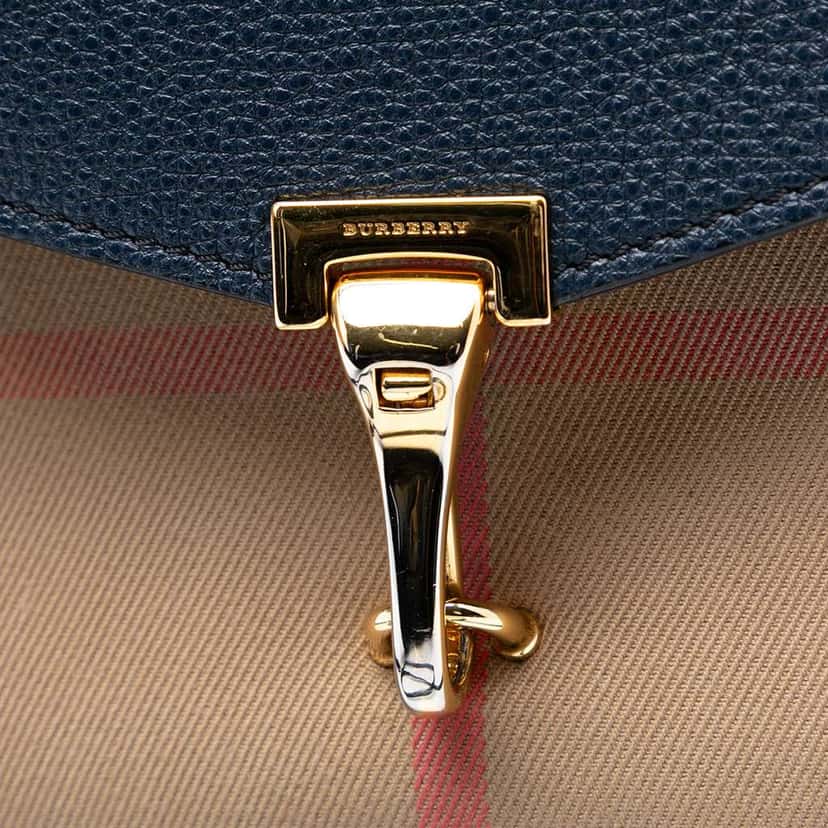 Burberry Small Leather and House Check Canvas Derby Macken Crossbody Blue Canvas Very good condition - Box View