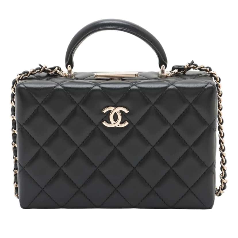 Chanel CC Quilted Lambskin Top Handle Box Bag Black Leather Very good condition - Front View
