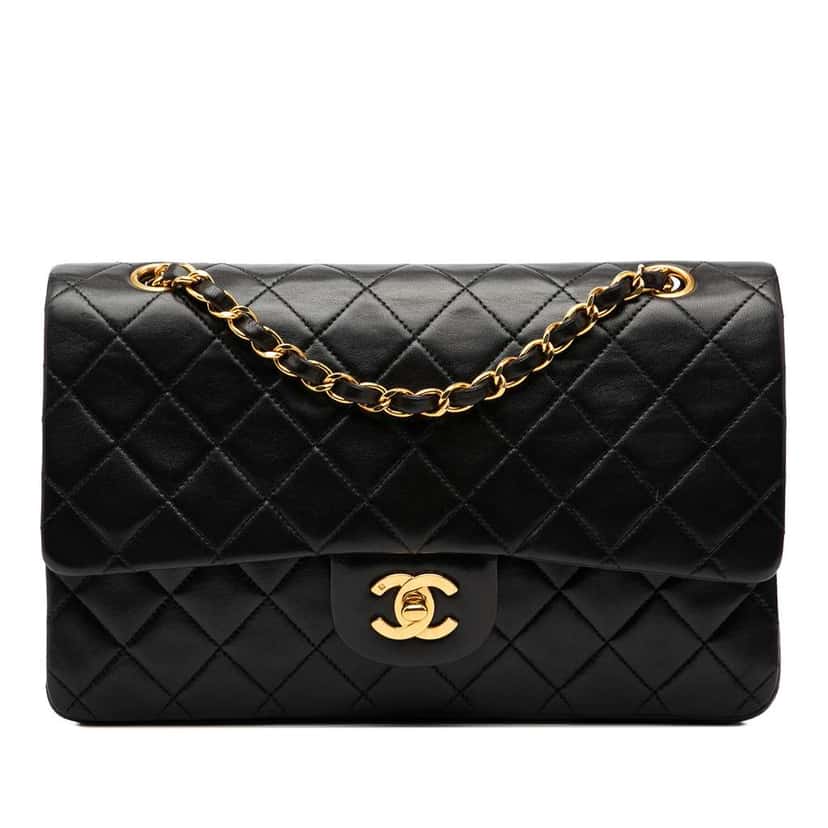 Chanel Medium Classic Lambskin Double Flap Black Leather Good condition - Front View