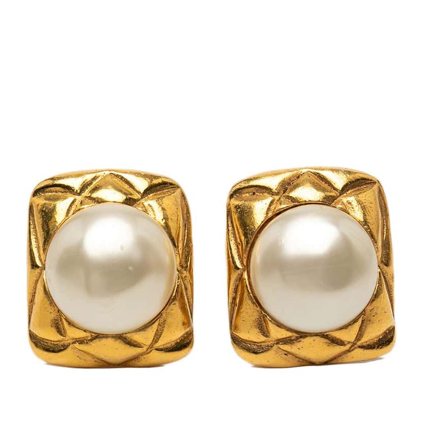 Chanel Gold Plated Faux Pearl Clip on Earrings Gold Metal Very good condition - Front View
