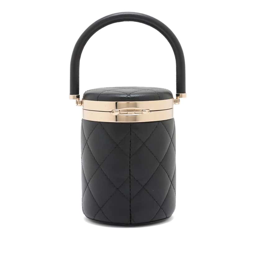 Chanel CC Quilted Lambskin Round Top Handle Vanity Bag Black Leather Very good condition - Back View