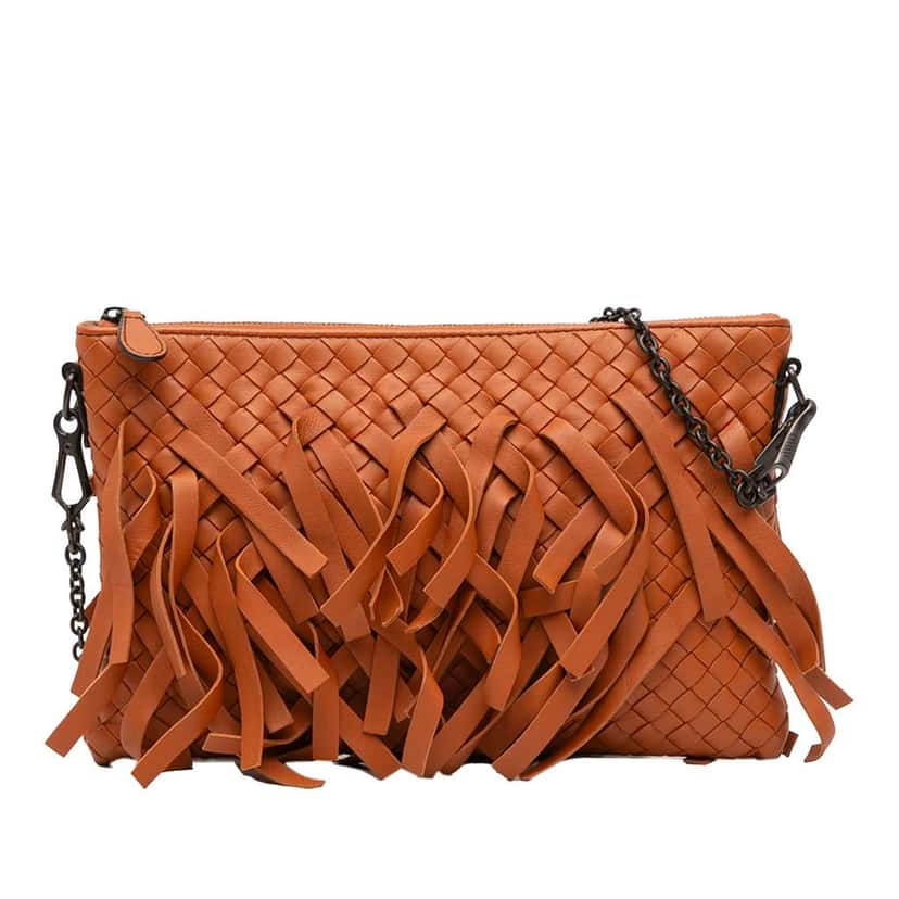 Bottega Veneta Nappa Intrecciato Palio Fringe Chain Crossbody Orange Leather Good condition - Front View