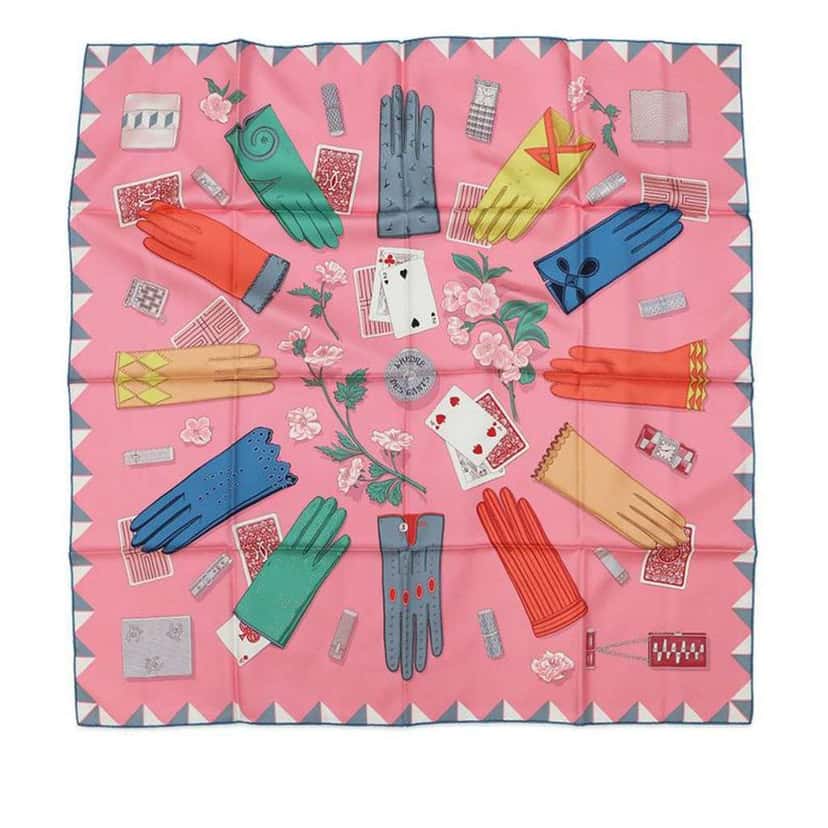 Hermès L Heure des Gants Silk Scarf 90 Pink Silk Very good condition - Front View