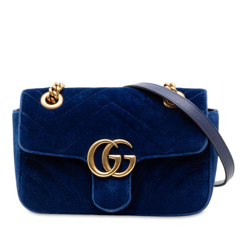 Gucci Small GG Marmont Matelasse Velvet Shoulder Bag Blue Velvet Good condition - Front View