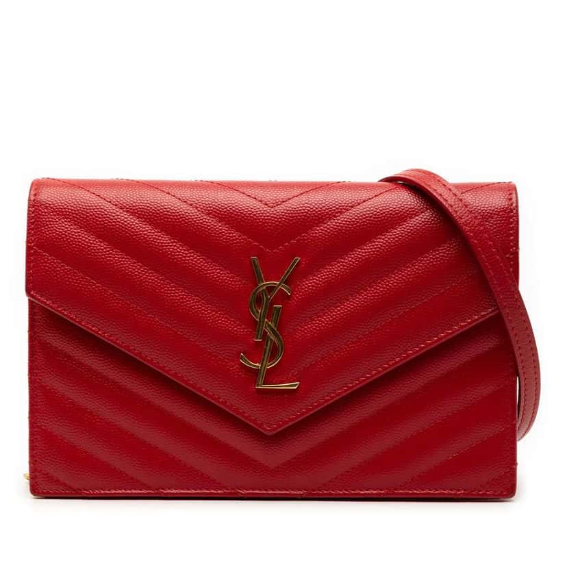 Saint Laurent Grain De Poudre Matelasse Chevron Monogram Chain Wallet Red Leather Good condition - Front View