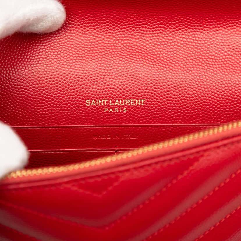 Saint Laurent Grain De Poudre Matelasse Chevron Monogram Chain Wallet Red Leather Good condition - Box View
