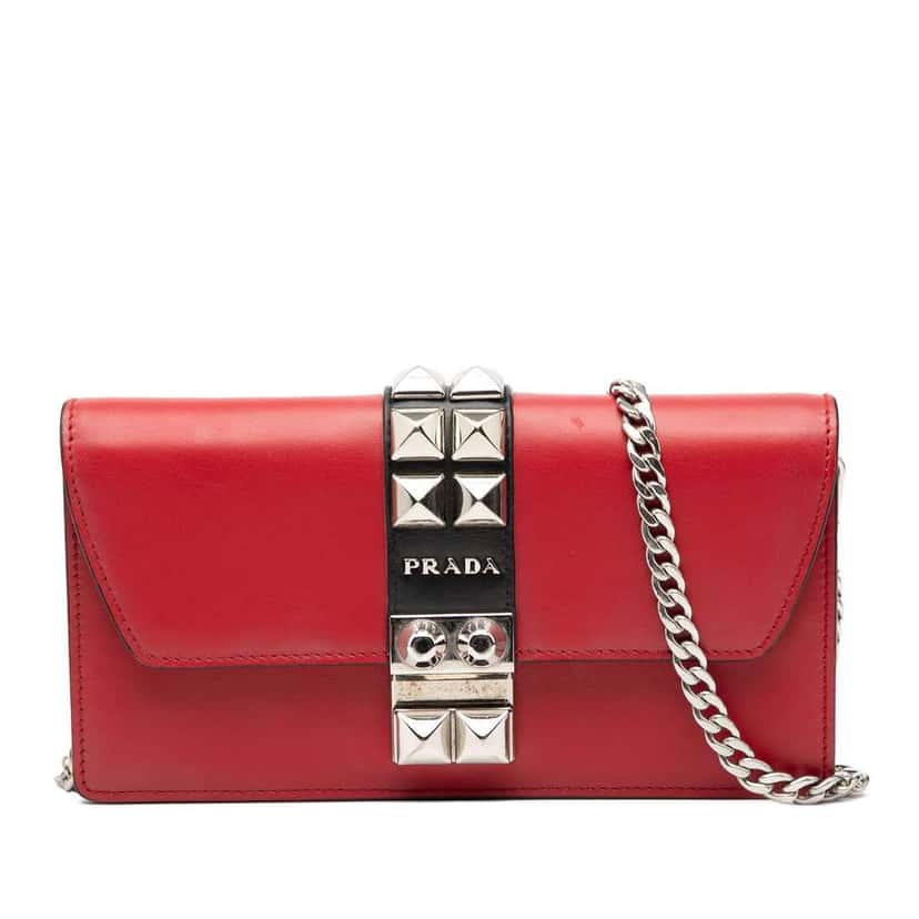 Prada City Calfskin Studded Elektra Clutch with Chain Red Leather Very good condition - Front View