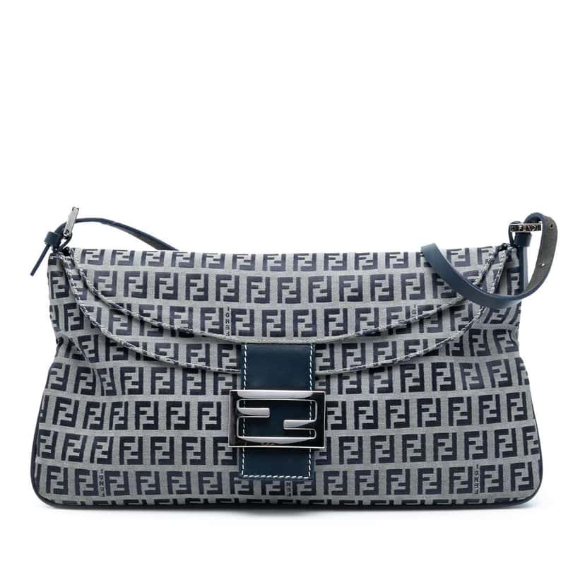 Fendi Zucchino Canvas Double Flap Shoulder Bag Grey Canvas Good condition - Front View