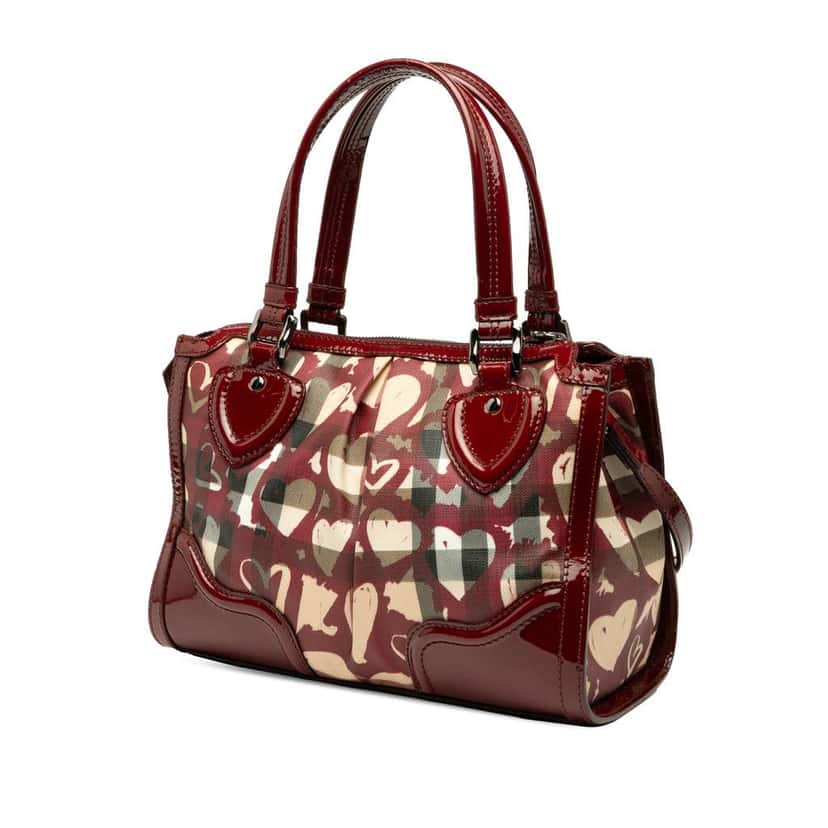 Burberry Patent Trimmed House Check Coated Canvas Hearts Pilgrim Satchel Brown Canvas Very good condition - Back View