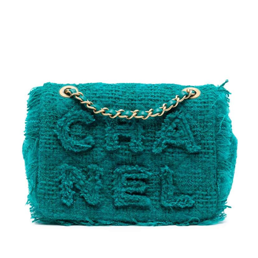 Chanel Small Wool Tweed Giant Logo Flap Blue Tweed Very good condition - Front View