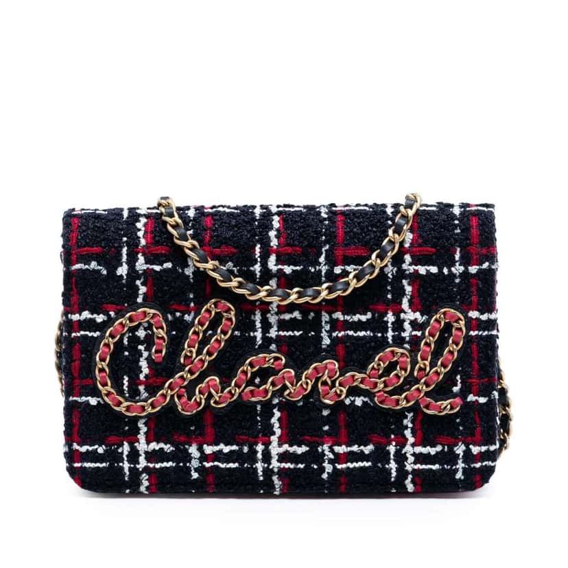 Chanel Tweed Written in Chain Logo Wallet on Chain Blue Tweed Very good condition - Front View
