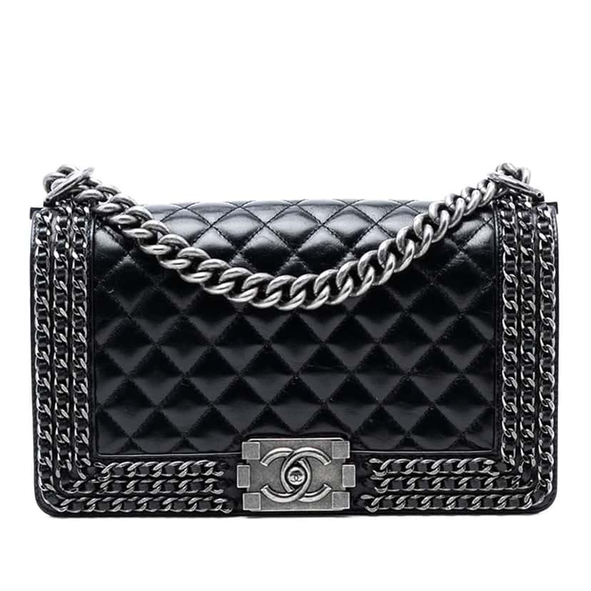 Chanel Old Medium Quilted Glazed Calfskin Chain Around Boy Flap Black Leather Good condition - Front View