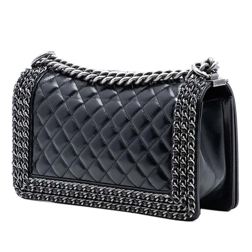 Chanel Old Medium Quilted Glazed Calfskin Chain Around Boy Flap Black Leather Good condition - Back View