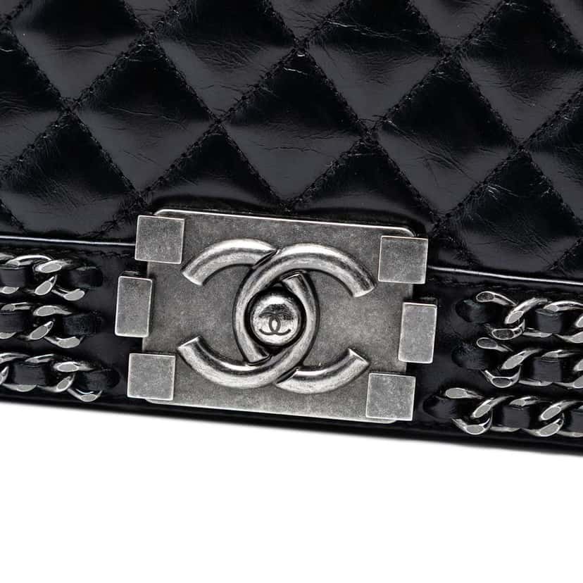 Chanel Old Medium Quilted Glazed Calfskin Chain Around Boy Flap Black Leather Good condition - Box View