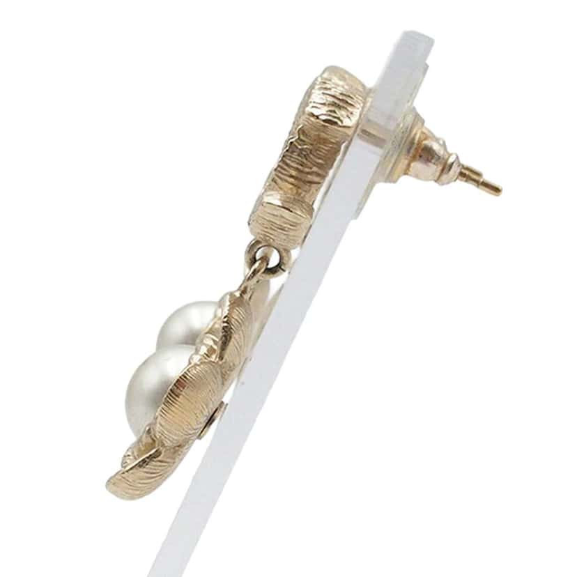 Chanel CC Gold Plated Faux Pearl Flower Drop Push Back Earrings Gold Metal Good condition - Back View