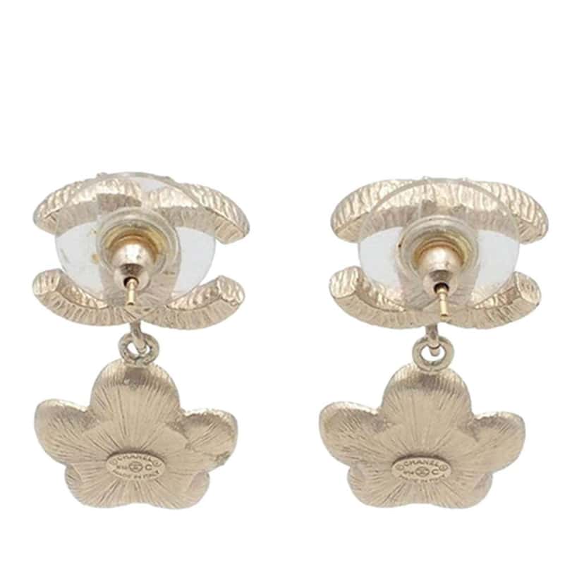 Chanel CC Gold Plated Faux Pearl Flower Drop Push Back Earrings Gold Metal Good condition - Inside View