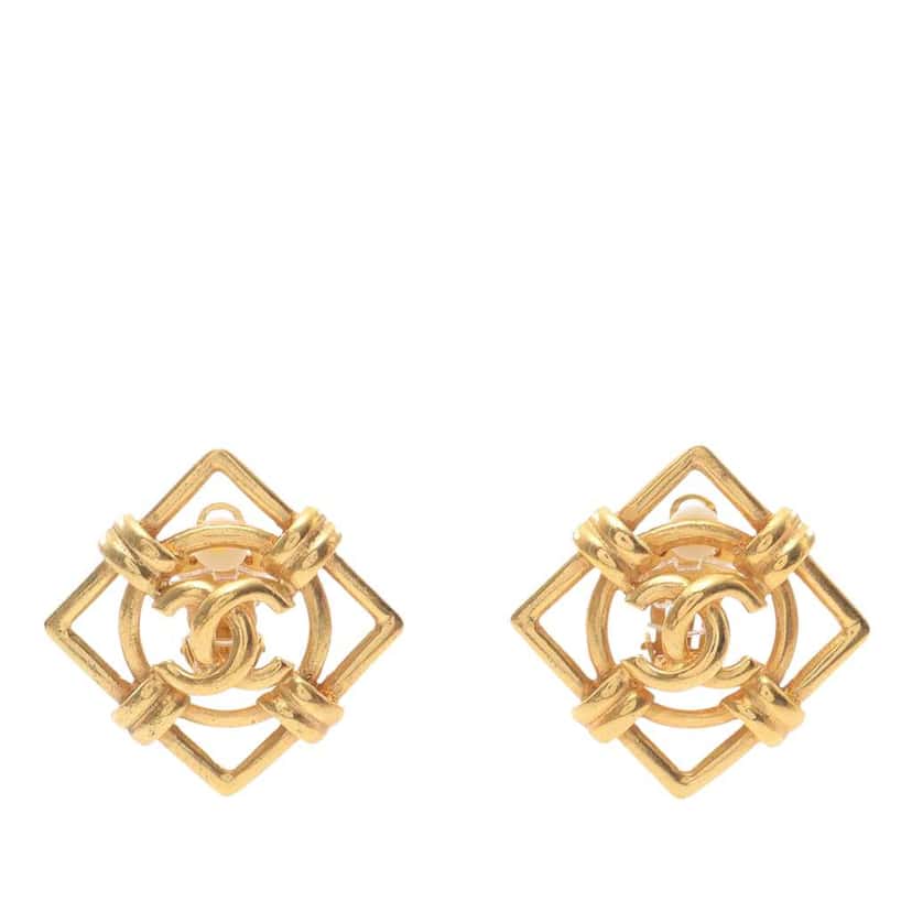Chanel Gold Plated CC Square Frame Clip On Earrings Gold Metal Good condition - Front View