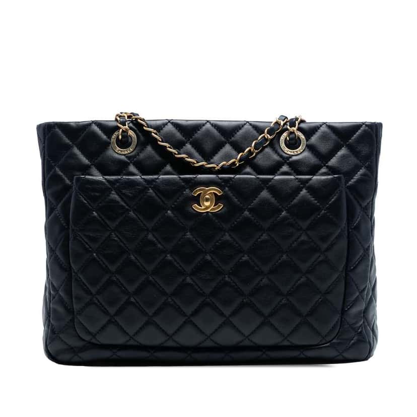 Chanel CC Quilted Lambskin Front Pocket Shopping Tote Blue Leather Good condition - Front View