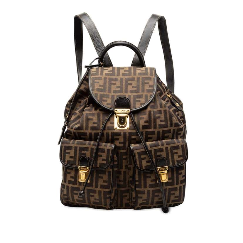 Fendi Leather Trimmed Zucca Canvas Drawstring Backpack Brown Canvas Fair condition - Front View