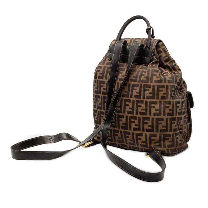 Fendi Leather Trimmed Zucca Canvas Drawstring Backpack Brown Canvas Fair condition - Back View