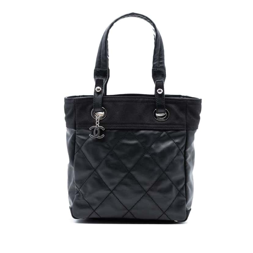 Chanel Small Quilted Coated Canvas Paris Biarritz Tote Black Canvas Very good condition - Front View