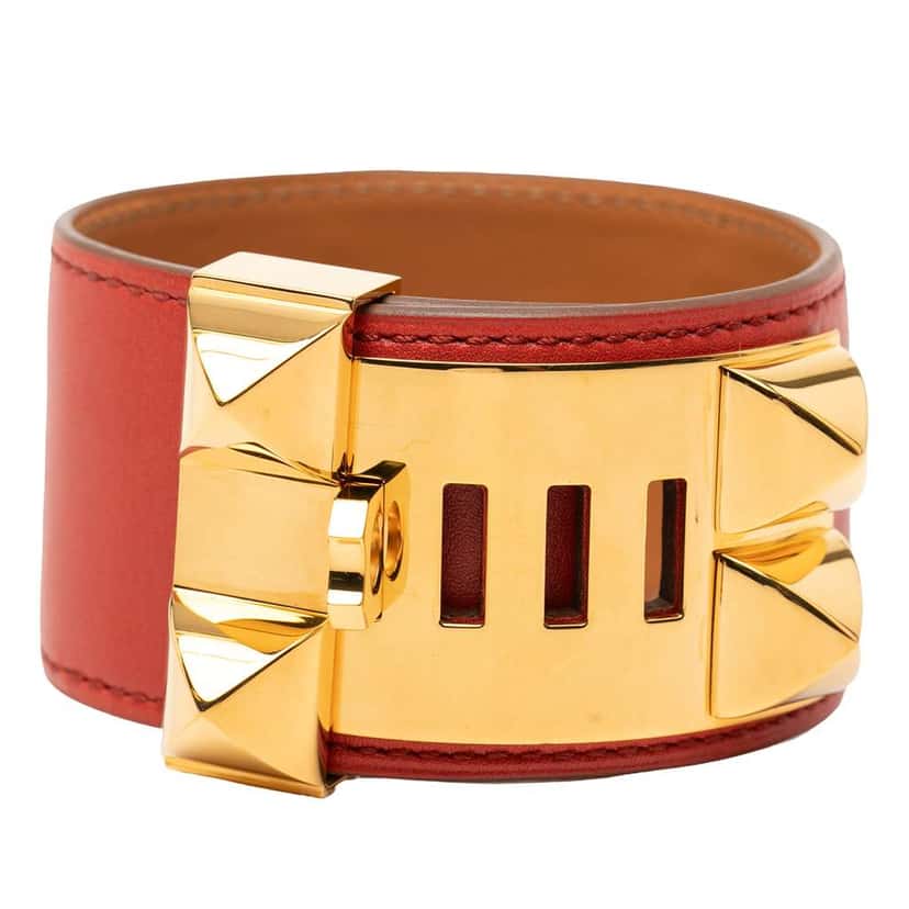 Hermès Swift and Gold Plated Collier de Chien Bracelet Red Leather Good condition - Back View