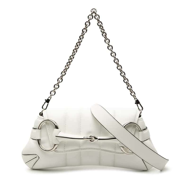 Gucci Small Quilted Leather Horsebit Chain Satchel White Leather Very good condition - Front View