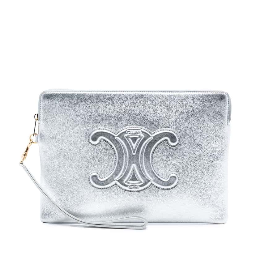 Celine Metallic Calfskin Cuir Triomphe Zip Pouch Silver Leather Good condition - Front View