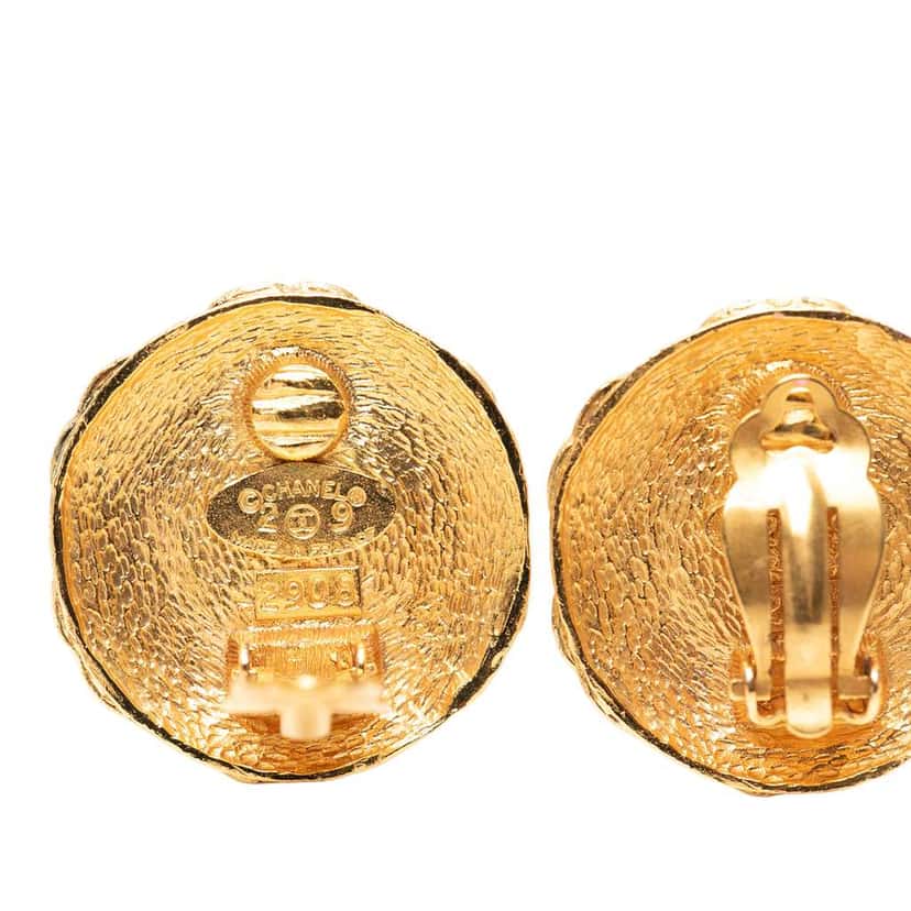 Chanel CC Gold Plated Faux Pearl Round Clip on Earrings Gold Metal Good condition - Inside View