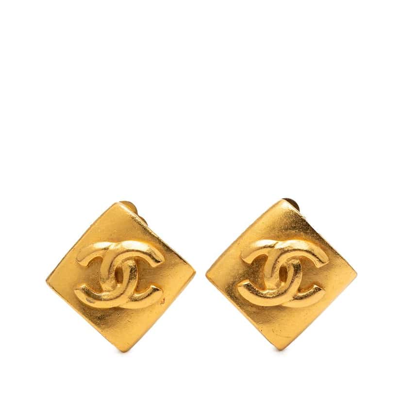 Chanel Gold Plated CC Rhombus Clip On Earrings Gold Metal Good condition - Front View