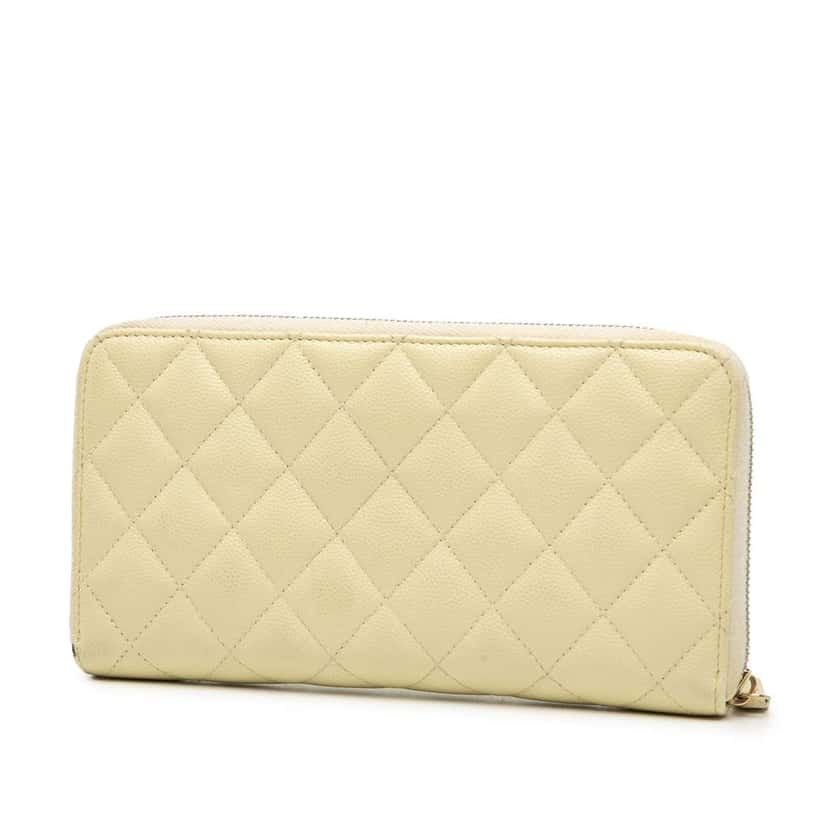 Chanel CC Quilted Caviar Enamel Rhinestone Zip Around Long Wallet Yellow Leather Good condition - Back View