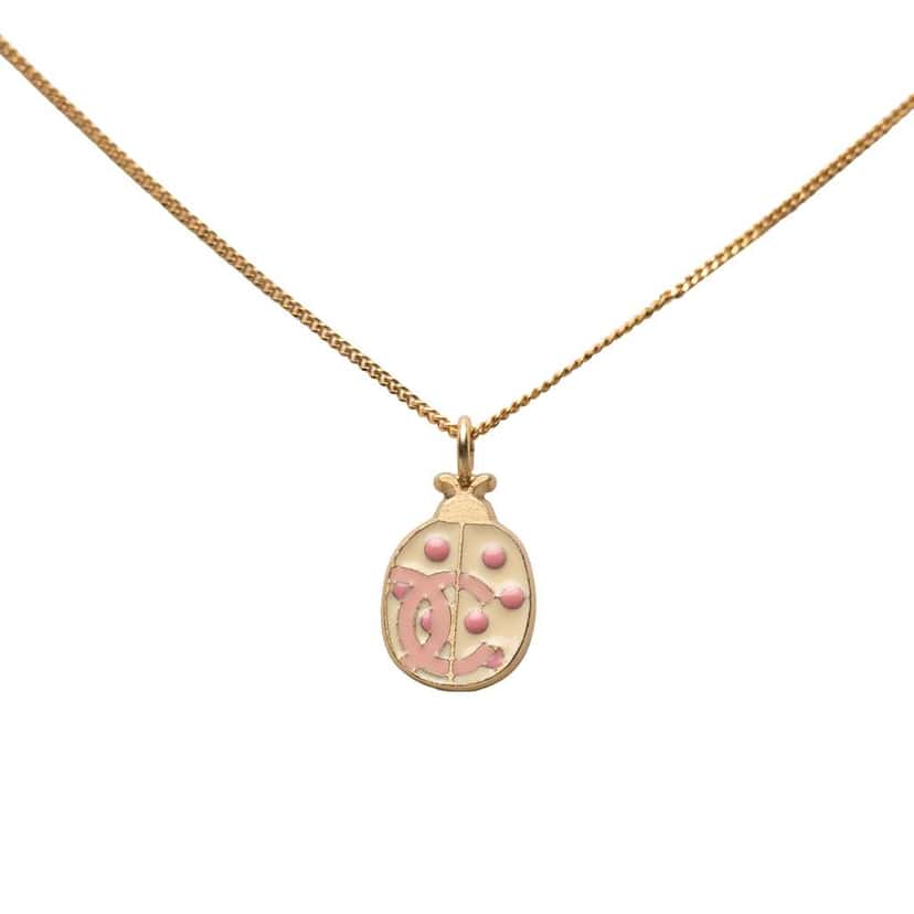 Chanel CC Gold Plated Enamel Lady Bug Pendant Necklace Gold Metal Good condition - Front View