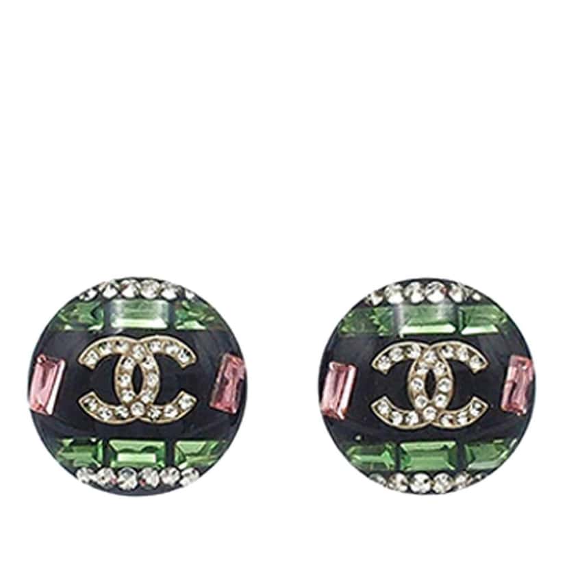 Chanel CC Resin Rhinestones Round Push Back Earrings Black Very good condition - Front View