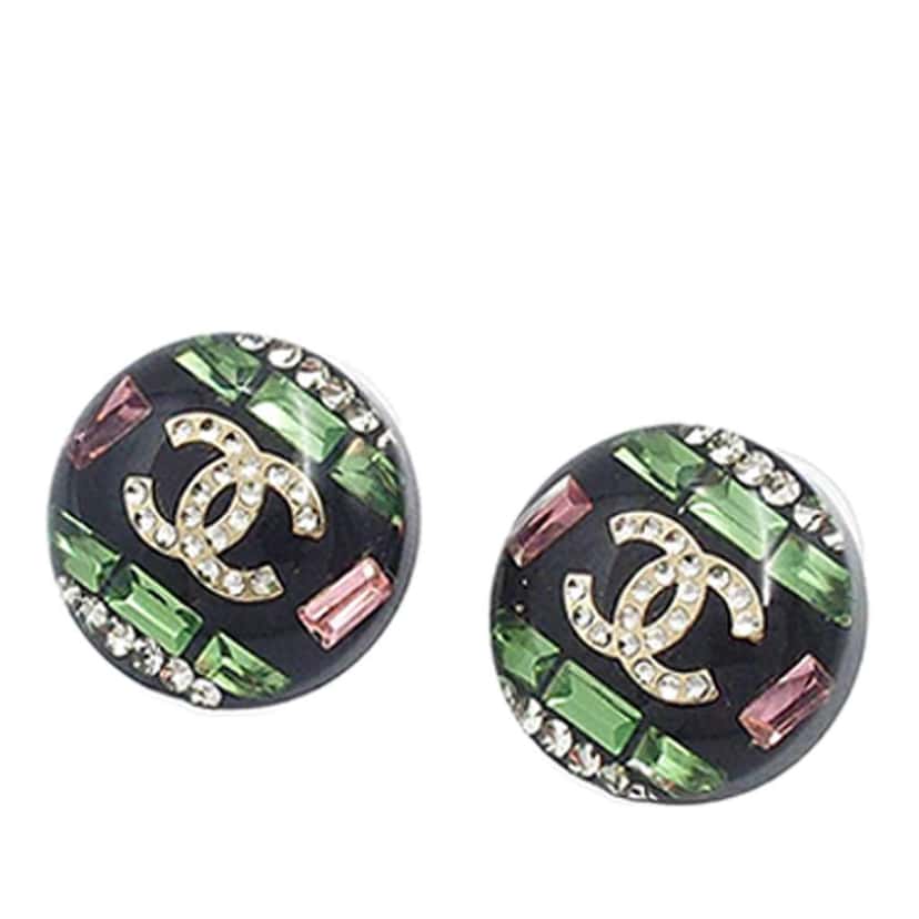 Chanel CC Resin Rhinestones Round Push Back Earrings Black Very good condition - Back View