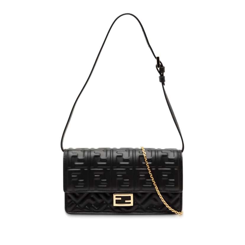 Fendi Zucca Embossed Nappa Baguette Continental Wallet With Chain Black Leather Good condition - Front View
