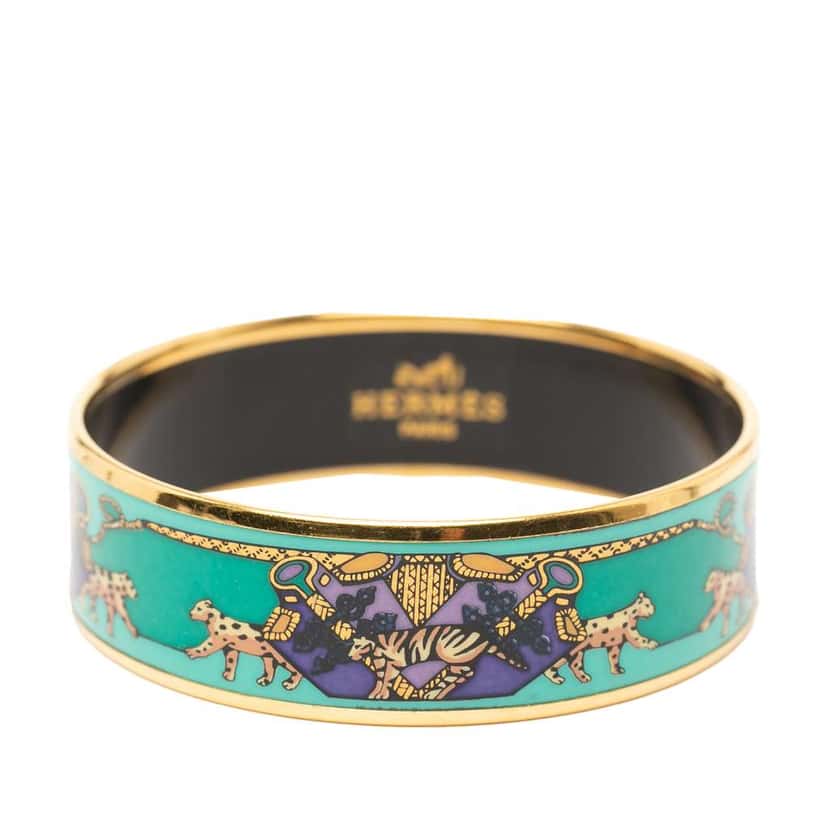 Hermès Wide Snow Leopards Enamel Bangle 62 Green Good condition - Front View