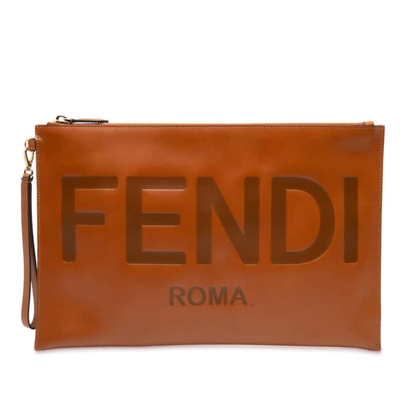 Fendi Leather Logo Flat Pouch Brown Leather Good condition - Front View
