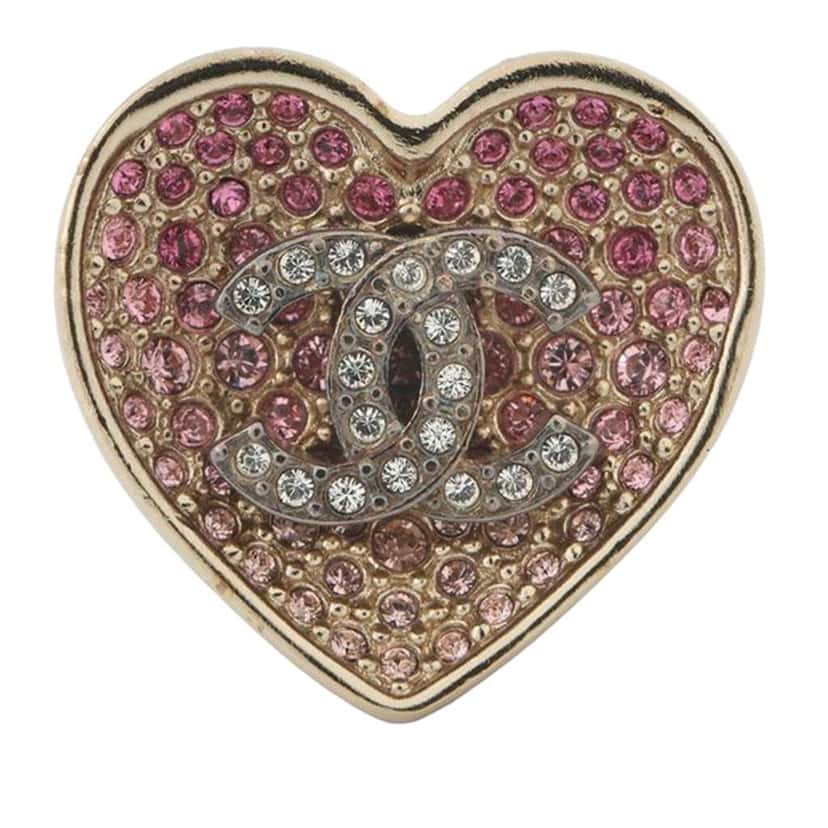 Chanel CC Gold Plated Rhinestones Heart Ring Pink Metal Good condition - Front View